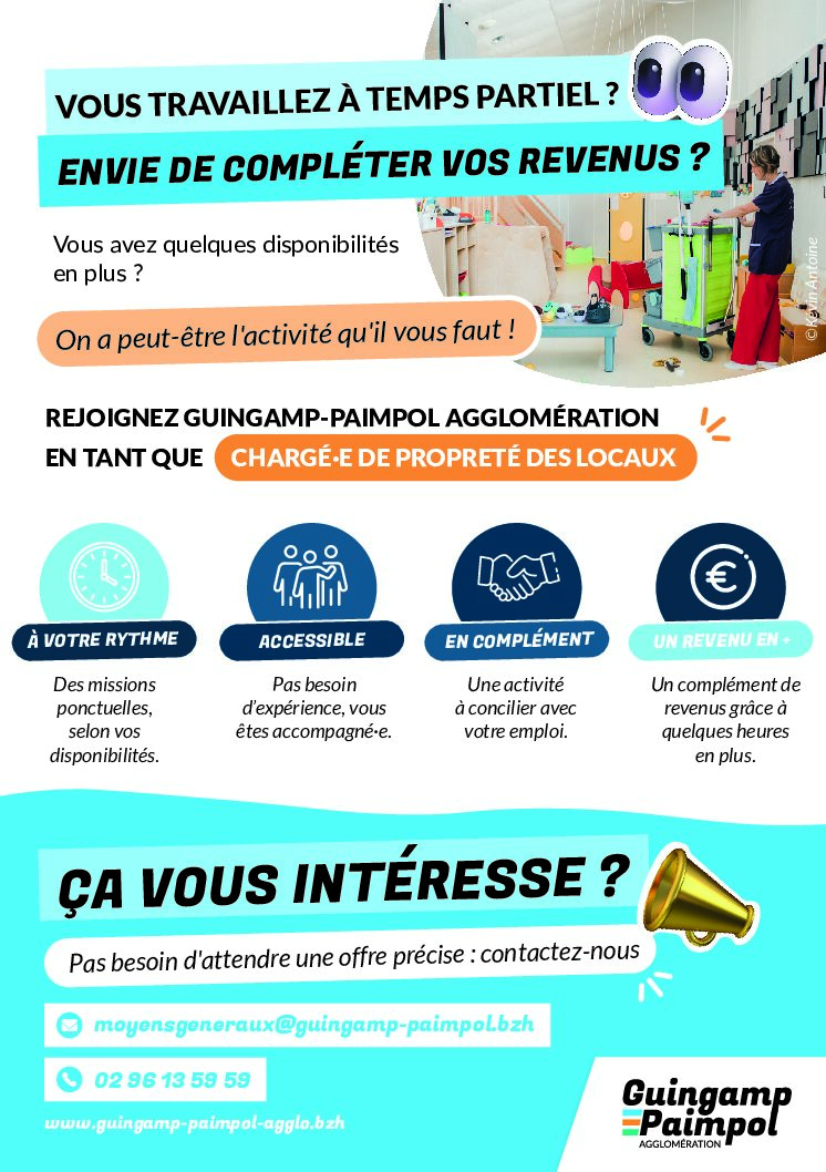 Offre d’emploi : Guingamp-Paimpol Agglomération recrute des chargé(e)s de propreté des locaux